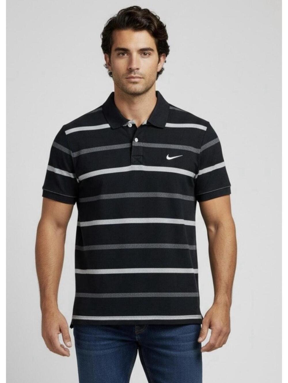 NIKE Men's Vintage Striped Mesh Cotton Slim-Fit Polo In Black|Gray-Size XL